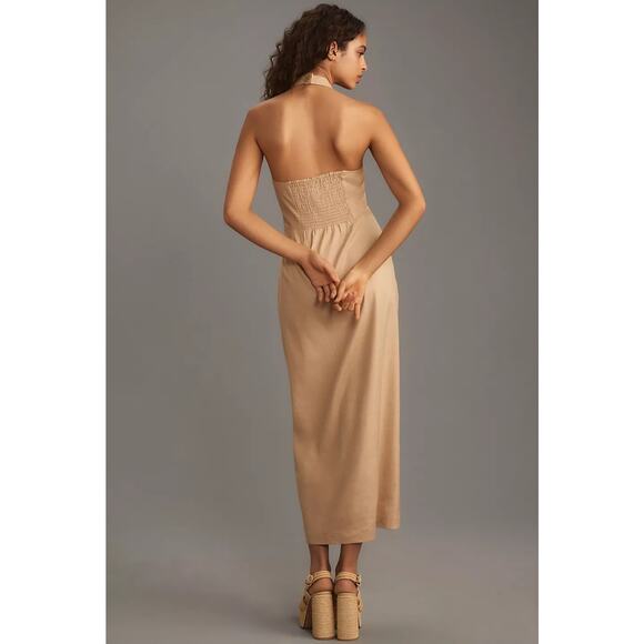 NWT by Anthropologie Linen Halter V-Neck Column Midi Dress $178 XXS Brown - Picture 5 of 6